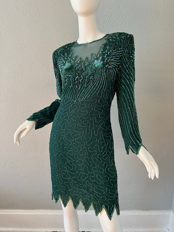 Vintage Green ART DECO Silk Beaded Long Sleeve Mi… - image 9