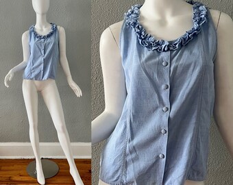 Vintage 90s Denim Blue BOHO Ruffle Button WESTERN Sleeveless Top Blouse S