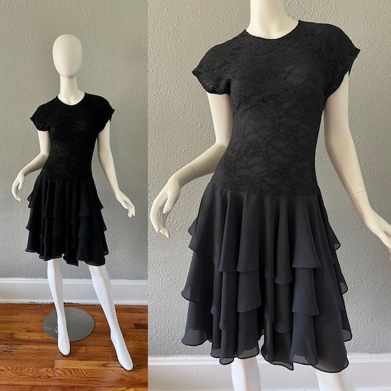 Vintage 80s Black Lace Tiered Ruffle Chiffon Drop… - image 1