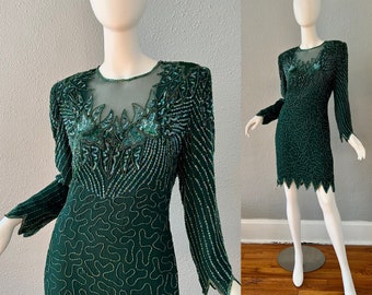 Vintage Vert ART DECO Soie Perlée À Manches Longues Mini Robe De Soirée M