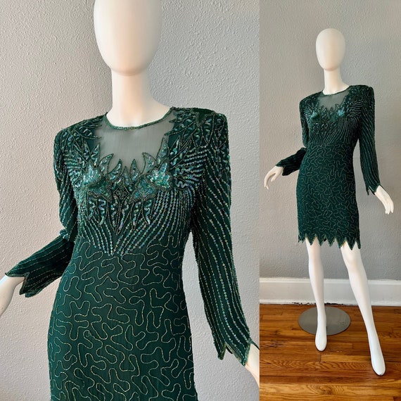 Vintage Green ART DECO Silk Beaded Long Sleeve Mi… - image 1