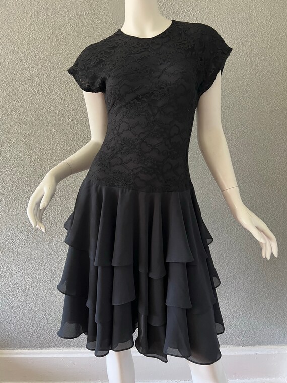 Vintage 80s Black Lace Tiered Ruffle Chiffon Drop… - image 4