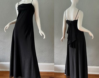 Vintage 90-tals svart glittrig chiffong draperad Y2K axelband maxi festklänning L
