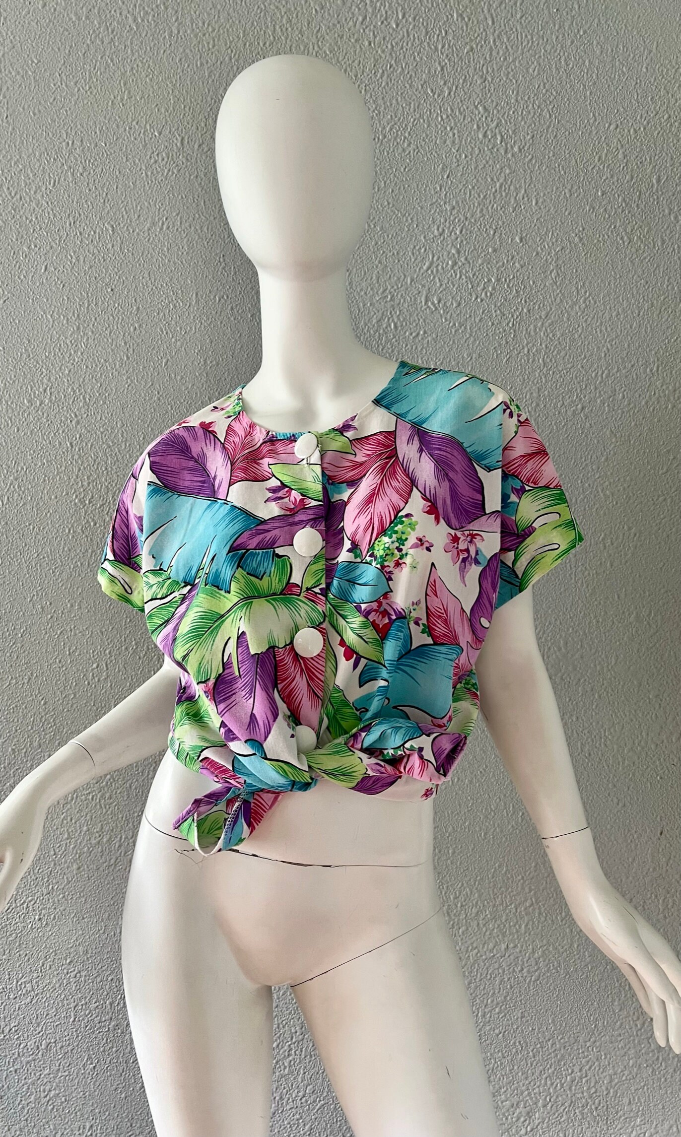 Vintage 80s Colorful Leaf Print Plant Button Blouse Top M - Etsy