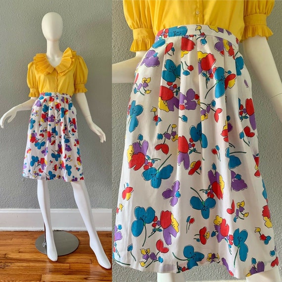 Vintage 70s Hippie Floral High Waist A-Line Skirt… - image 1