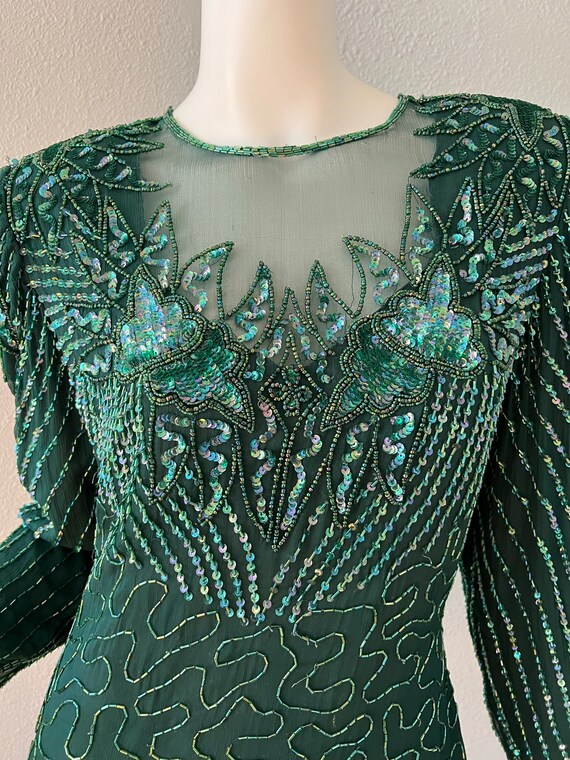 Vintage Green ART DECO Silk Beaded Long Sleeve Mi… - image 5