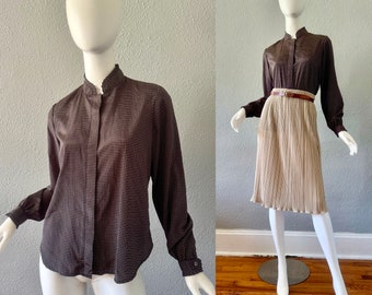 Vintage 70s High Neck Ruffle Button Long Sleeve Blouse Top M