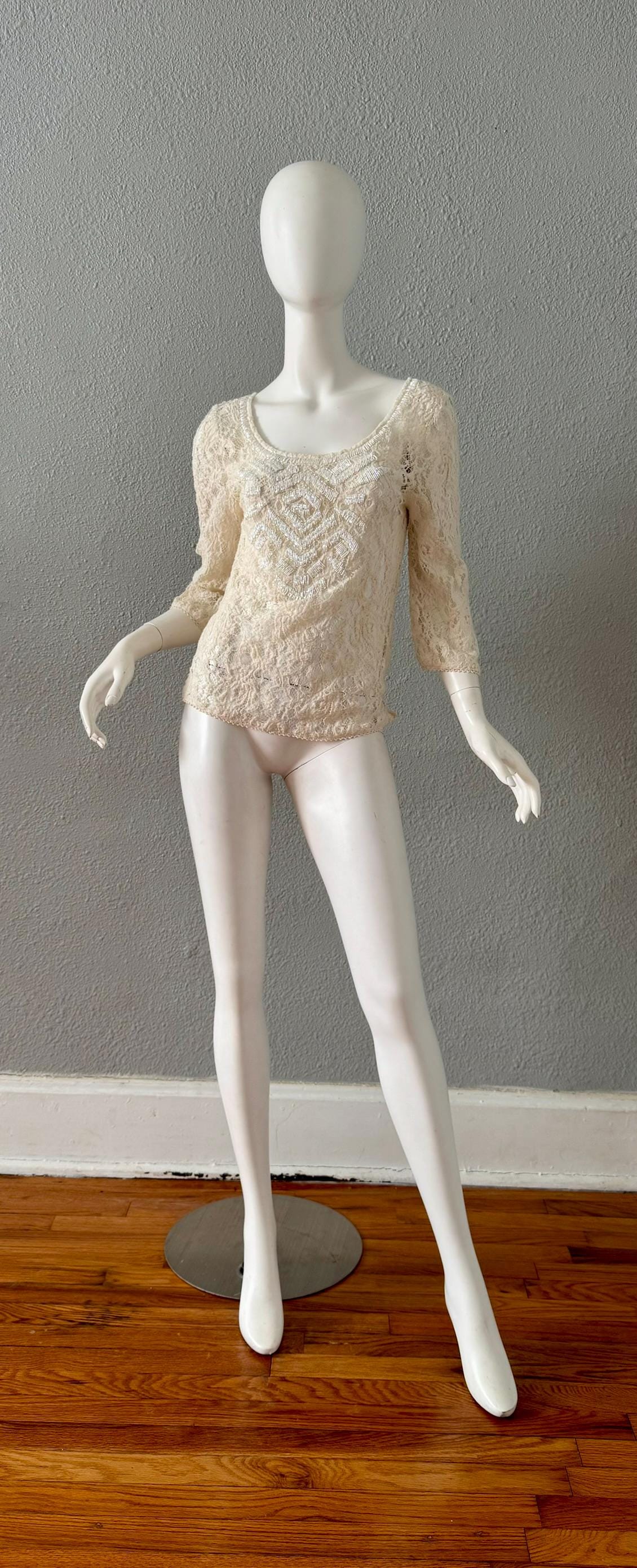 Vintage 50s 60s White Cream Sheer Lace Hand Beaded Blouse