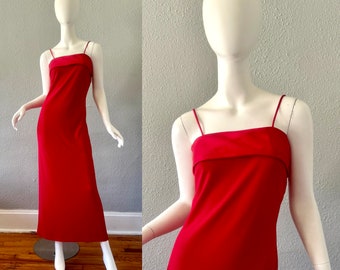 Vintage 90s Red Spaghetti Strap Bodycon Maxi Formal Dress S/M