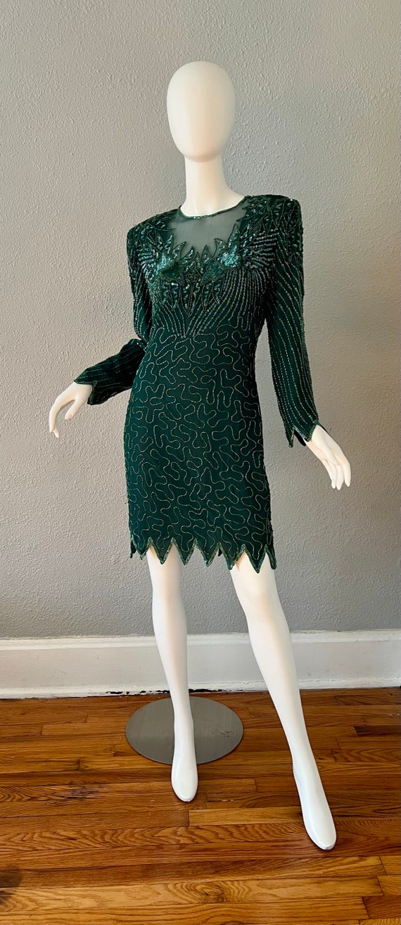 Vintage Green ART DECO Silk Beaded Long Sleeve Mi… - image 8