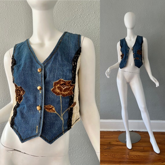 Vintage Denim Patchwork Velvet REVERSIBLE Crop To… - image 1