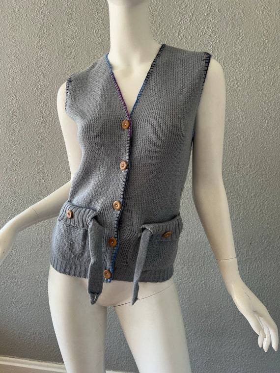 Vintage 70s Gray Hand Knit Button Hippie Sweater … - image 5