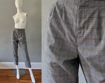 Vintage Cintura Alta Gris Plaid Plisado Pantalones Cónicos Capri Pants M