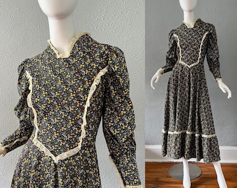 Vintage 70s Prairie Gunne Sax Style Cottagecore Long Sleeve Maxi Dress M