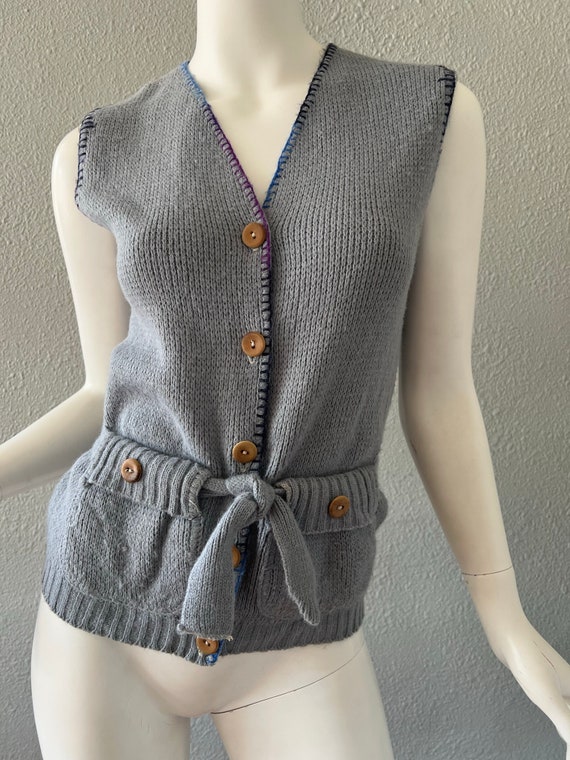 Vintage 70s Gray Hand Knit Button Hippie Sweater … - image 4