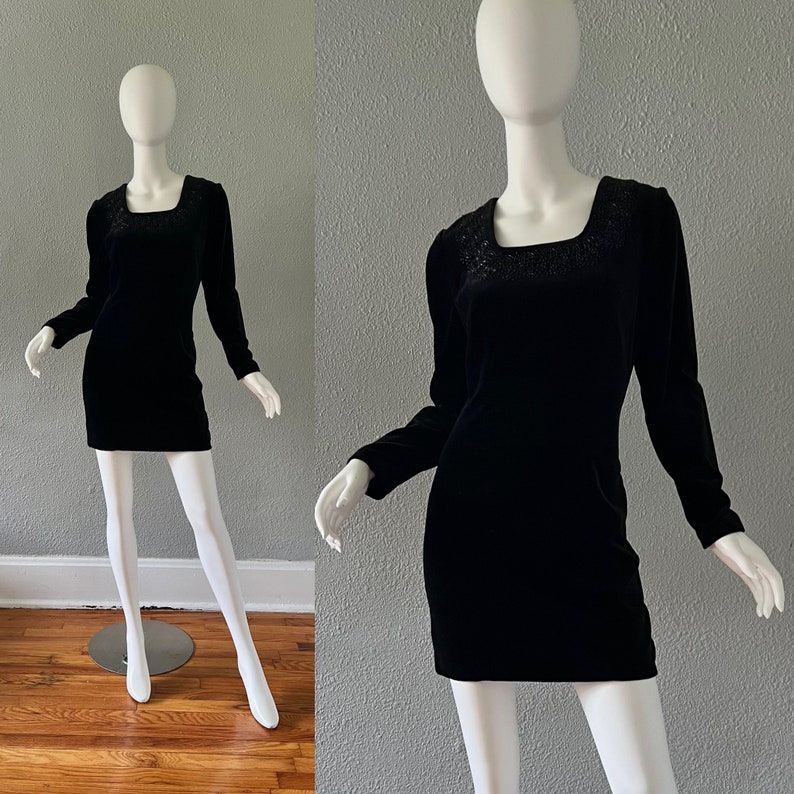 Vintage Black Cotton Velvet LAURA ASHLEY Mini Wiggle Beaded Dress S image 1
