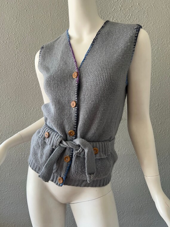 Vintage 70s Gray Hand Knit Button Hippie Sweater … - image 9