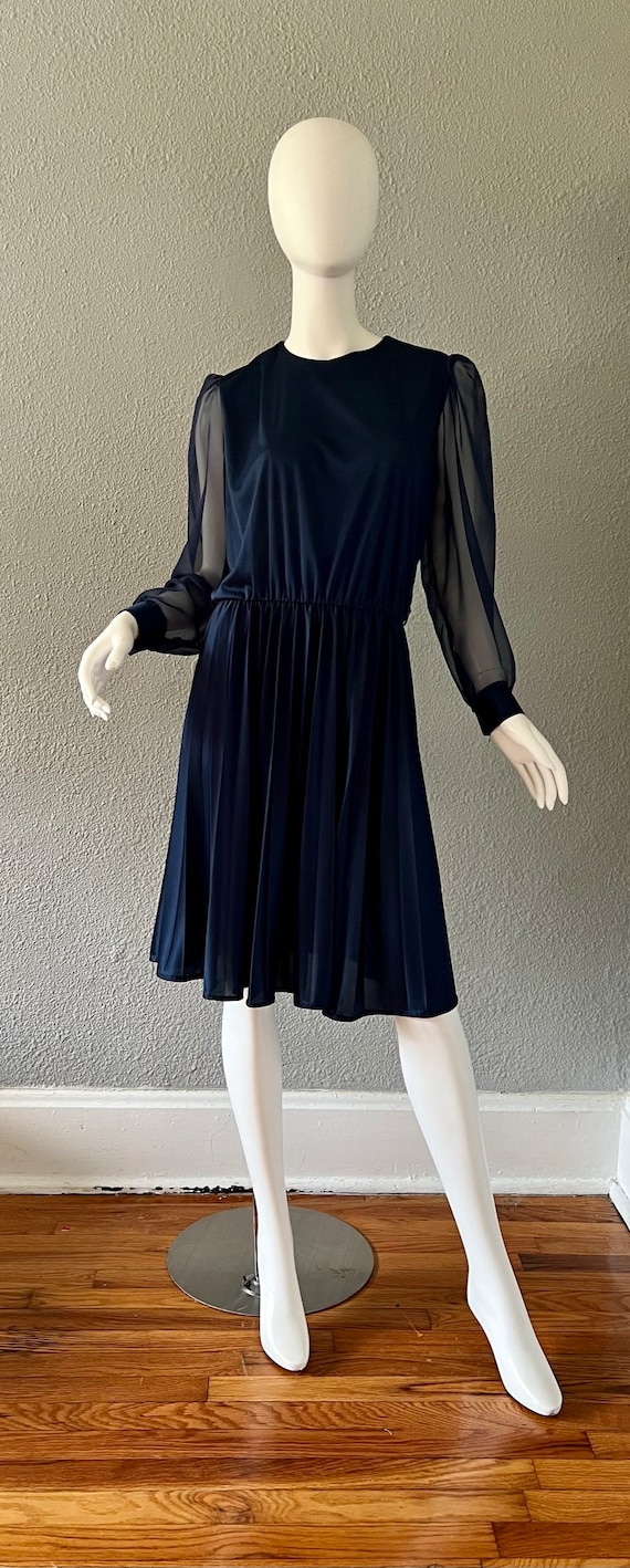 Vintage 70s Navy Blue Sheer Poet Sleeve Pleated D… - image 4