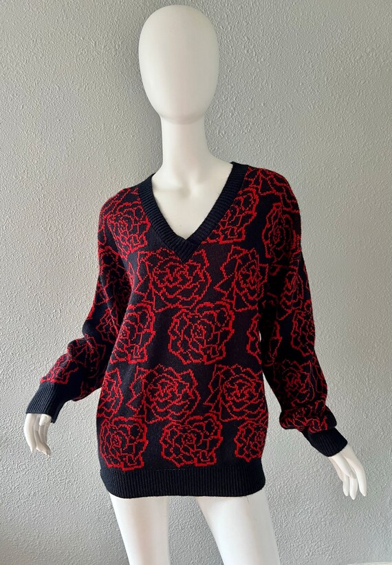 Vintage 80s Fortune Knits V-Neck Rose Print Overs… - image 3