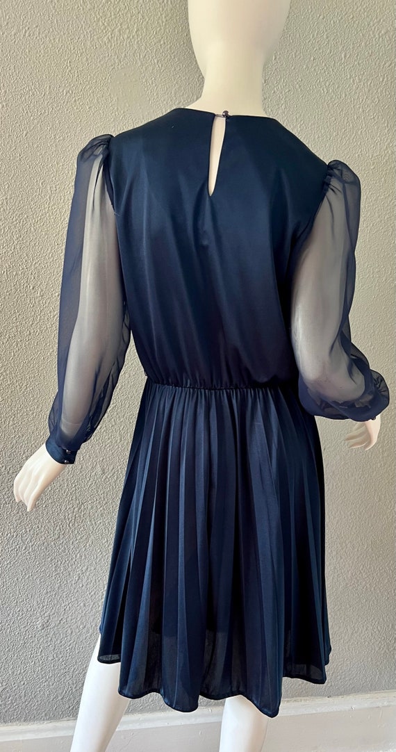 Vintage 70s Navy Blue Sheer Poet Sleeve Pleated D… - image 10