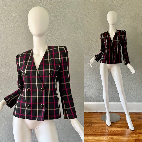 Vintage 80s Black Plaid Military Secretary Suit J… - image 1