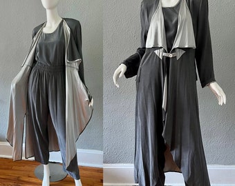 Vintage 90s IC Collection Gray Rayon 3 Pc Duster Jacket Pant Set M