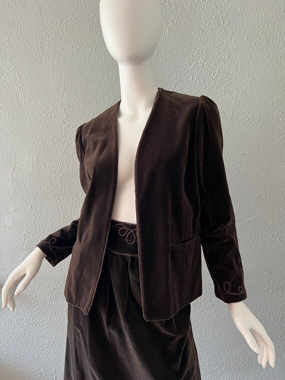 Vintage 70s Brown VELVET Suit Jacket Blazer 2 Pc … - image 8