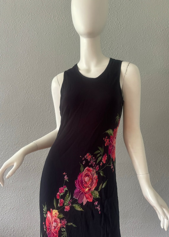 Vintage 90s Black Sleeveless Rayon Floral Beaded … - image 2