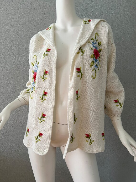 Vintage 40s 50s White Floral Hand Knit Rockabilly… - image 5