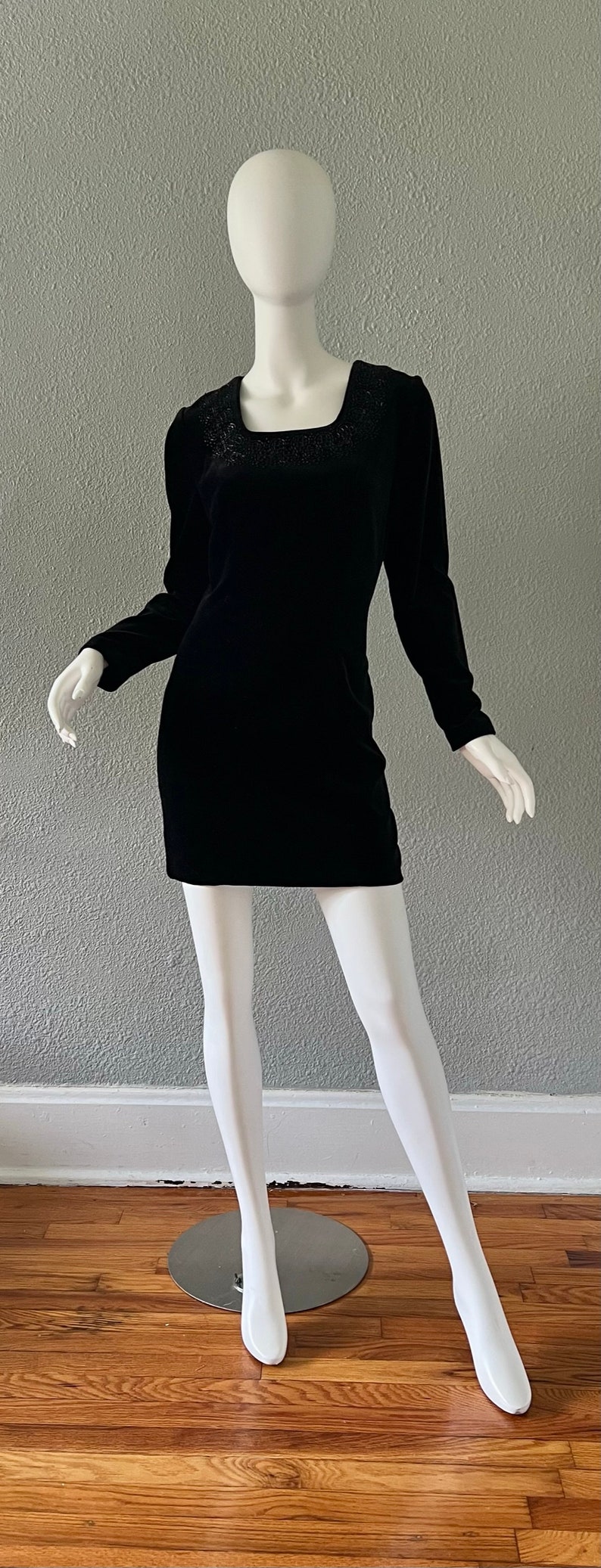 Vintage Black Cotton Velvet LAURA ASHLEY Mini Wiggle Beaded Dress S image 3