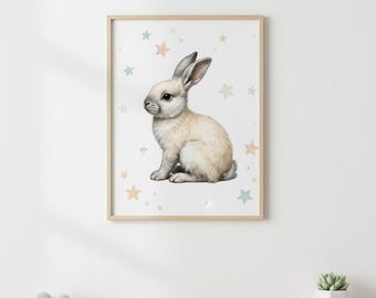 Woodland Nursery Decor, Bunny Wall Art, Woodland Animal Print, Forest Nursery Decor, Neutral Nursery Wall Art, Kids Room Decor