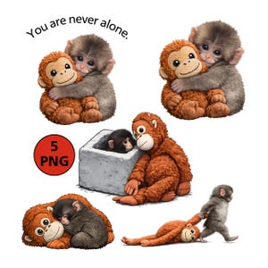 May include: Five PNG images of cartoon monkeys in different poses. The monkeys are shown hugging and cuddling. The text "You are never alone" is above the images. A red circle with the number "5" and the letters "PNG" is also present.