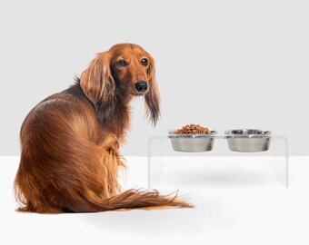 Comedero mediano de acrílico para mascotas con cuencos plateados • Soporte doble para cuencos para perros y gatos