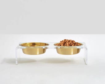 Comedero pequeño de acrílico transparente para mascotas con cuencos dorados • Comedero doble para perros y gatos