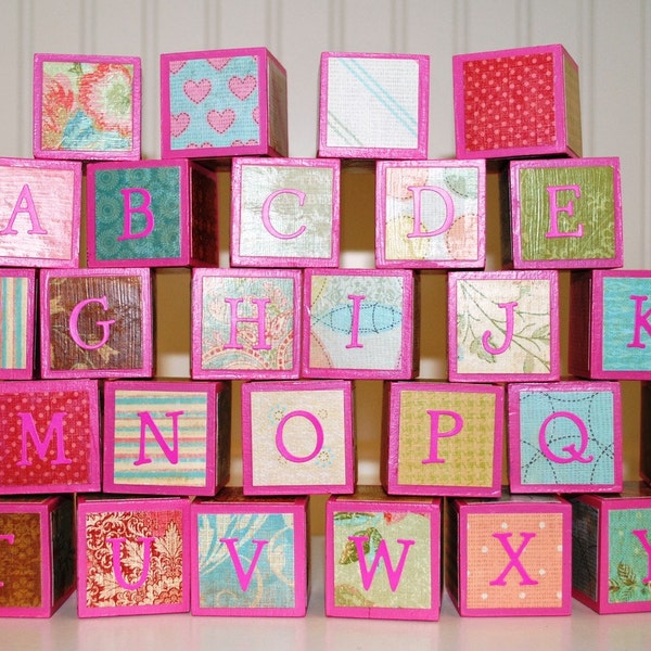 For CRYSTAL Children's Alphabet Building Blocks / Wooden Building Blocks - Pink Shabby Chic Theme - Set of 30 Blocks
