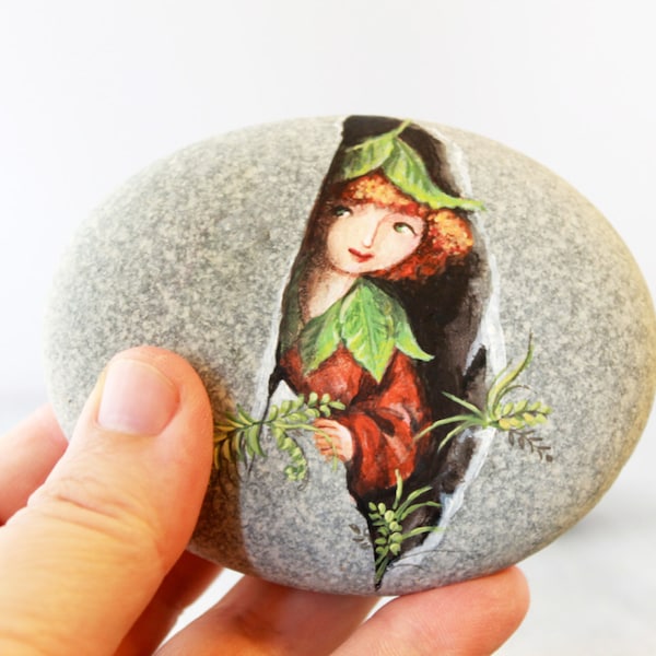 Painted stone. Unique collectible stone  Express Free shipping. Fairy, sprite of the forest painted rock. Beach pebbles art.