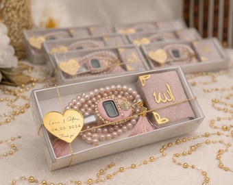 Islamic Wedding Favor Set, Mini Quran, Prayer Beads, Gold Tag, Pink