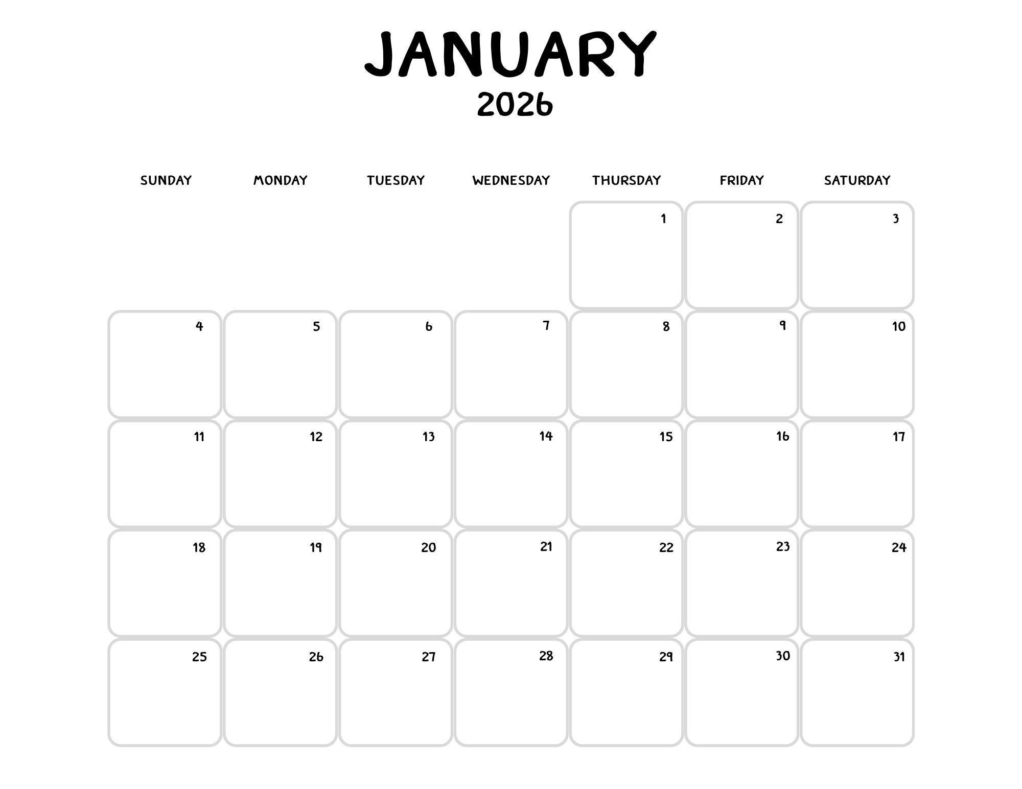 Minimalist 2026 Printable Calendar – Simple Monthly Planner (digital ...