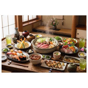 May include: A wooden table set with a Japanese feast featuring a central hot pot with raw beef and vegetables, assorted nigiri sushi, tempura, sashimi, grilled eel over rice, yakitori skewers, grilled fish, edamame, and glasses of green tea.