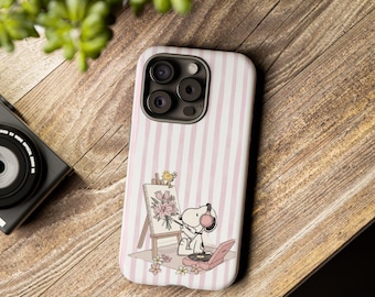 Pink Striped Snoopy Painting Phone Case | Tough Case, Artist Painting Aesthetic Case Girly Cute iPhone Case Soft Pastel Art Phone Cover
