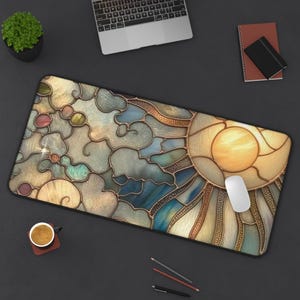Alfombrilla de escritorio con diseño de sol y nubes en vidrieras / Alfombrilla de ratón celestial