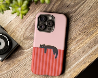 Black Cat on Pink Stripes Phone Case | Tough Cases iPhone 11, 12, 13, 14, 15, Samsung Galaxy S21, S22, S23, S24, and Google Pixel models.