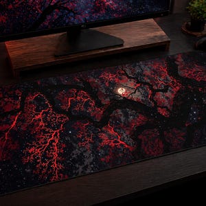 May include: A rectangular mousepad featuring a dark, celestial design with a tree silhouette and a full moon. The tree branches are highlighted in red, contrasting against the black and gray background. The mousepad is designed for gaming.
