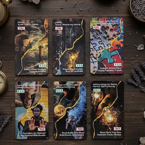 Puede incluir: Seis cartas de tarot con diversas ilustraciones y texto. Las cartas presentan imágenes de un faro, una llave, piezas de rompecabezas y personas. Cada carta tiene indicadores "ON" y "YES" o "NO", con frases como "Seguridad por delante" y "Libera el potencial."