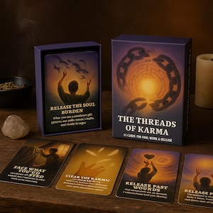 Może przedstawiać: Talia kart "The Threads of Karma" z fioletowym pudełkiem i kartami z ilustracjami i tekstem. Na pudełku widnieje napis "The Threads of Karma" i "15 kart do brudnej pracy i uwalniania". Karty zawierają frazy takie jak "Release the Soul Burden".