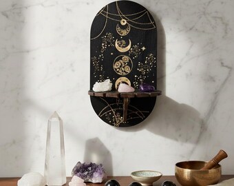 Mystic Moon Crystal Display Altar - Vägghylla i trä för helande stenar och dekor