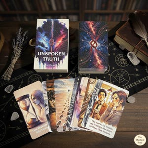 Puede incluir: Una baraja de cartas de tarot "Unspoken Truth" con una caja y cartas que muestran ilustraciones cósmicas. Las cartas presentan ilustraciones con citas como "Time healed me, didn't erase" y "The more I try to hide my feelings, the more obvious they become."