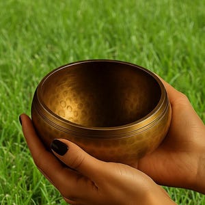 May include: A bronze singing bowl with a textured interior and a smooth, polished exterior. The bowl is held in two hands against a backdrop of green grass. The bowl's rim features two thin, parallel lines.
