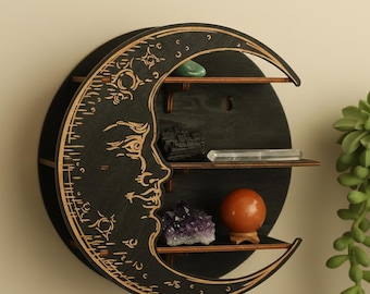 Crescent Moon Crystal Storage -  Wooden Shelf, Witchy Decor