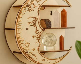 Crystal Display Wooden Shelf Moon Face Wall Decor